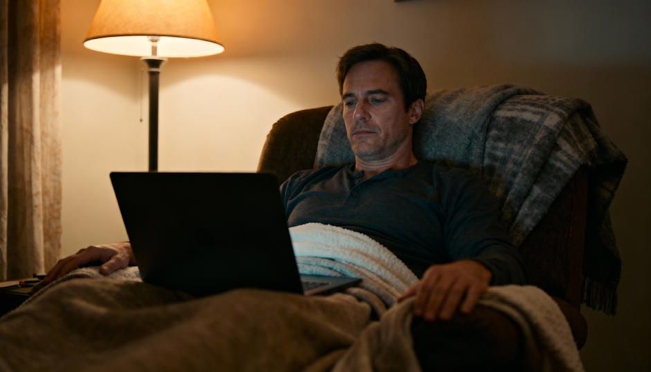 OKC Man in comfortable chair receiving hypnosis session via laptop