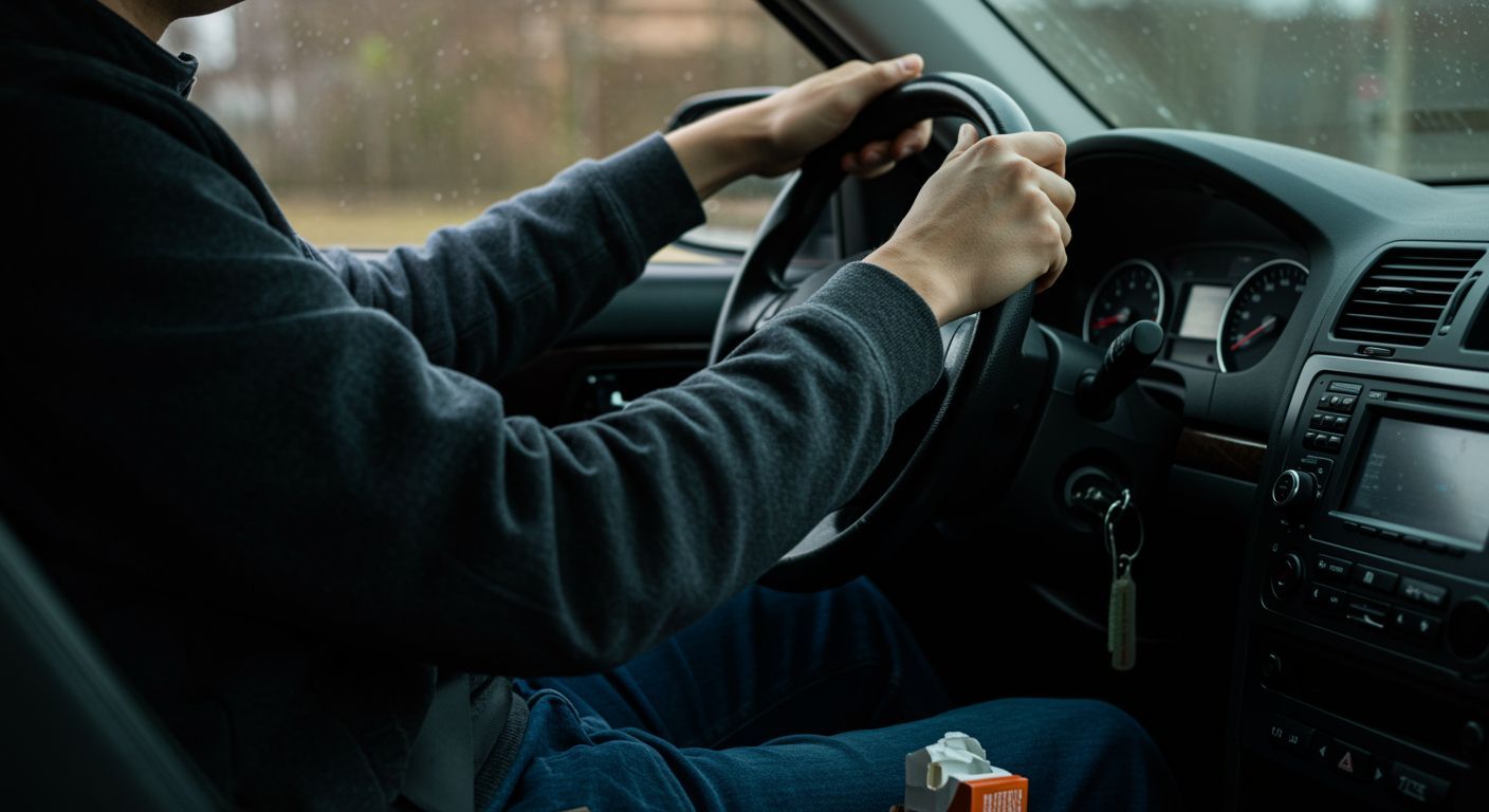OKC Man sitting alone in a car after a stressful day at work hands resting on steering wheel cigarette pack visible but trying to show restraint