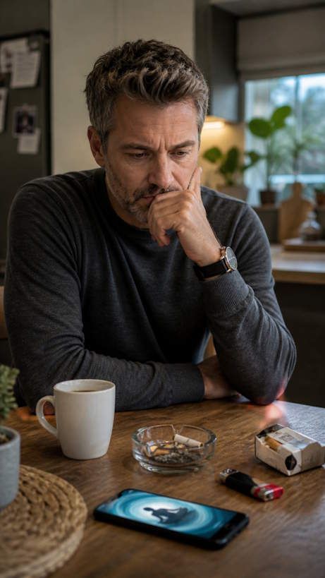 OKC Man staring at kitchen table deciding if he's ready to quit smoking yet with coffee, cigarettes, and a lighter on a table