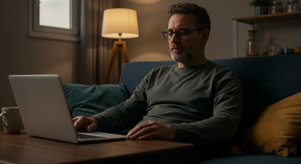 OKC Man undergoing stress-relief hypnosis at home laptop in front warm home lighting cozy living room