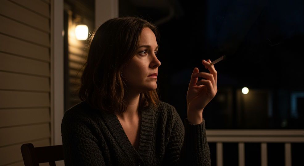 OKC Woman standing outside her home at night holding an unlit cigarette, pausing thoughtfully before putting it back in her pocket