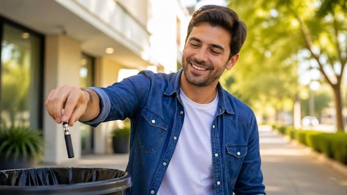 OKC college kid throwing away a vape pen with a smile on his face as he quits smoking