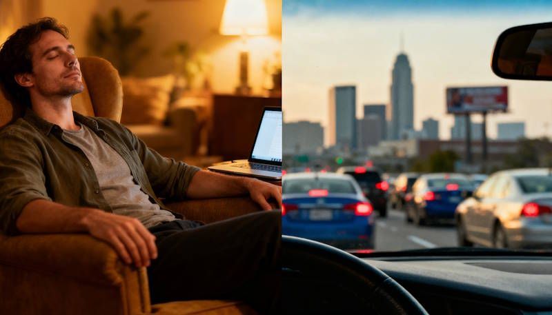 A man relaxed deep in hypnosis at home on one side vs stuck in rush hour traffic stressed out