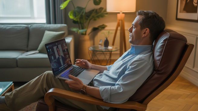 OKC man on his laptop during his remote hypnosis session to help with his insomnia and sleeping problems