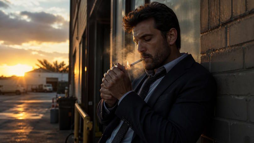 OKC man taking a smoke break at work, standing off the back dock waiting for the delivery guys to bring over their inventory