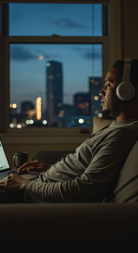 OKC man with headphones on during a virtual hypnosis session sitting on his couch