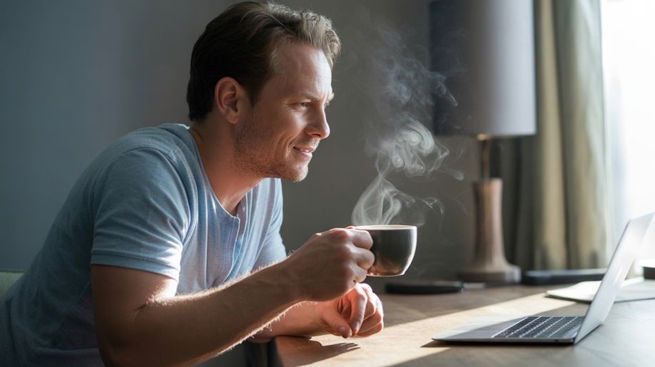 OKC man with relaxed expression with light steam rising from coffee cup laptop open during hypnosis