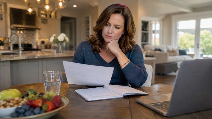 OKC woman at kitchen table looking at a meal plan with her laptop open for a remote hypnosis session