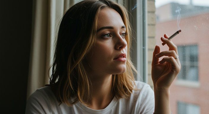 OKC woman holding up a new cigarette that is not lit as she looks at the cigarette inquisitively