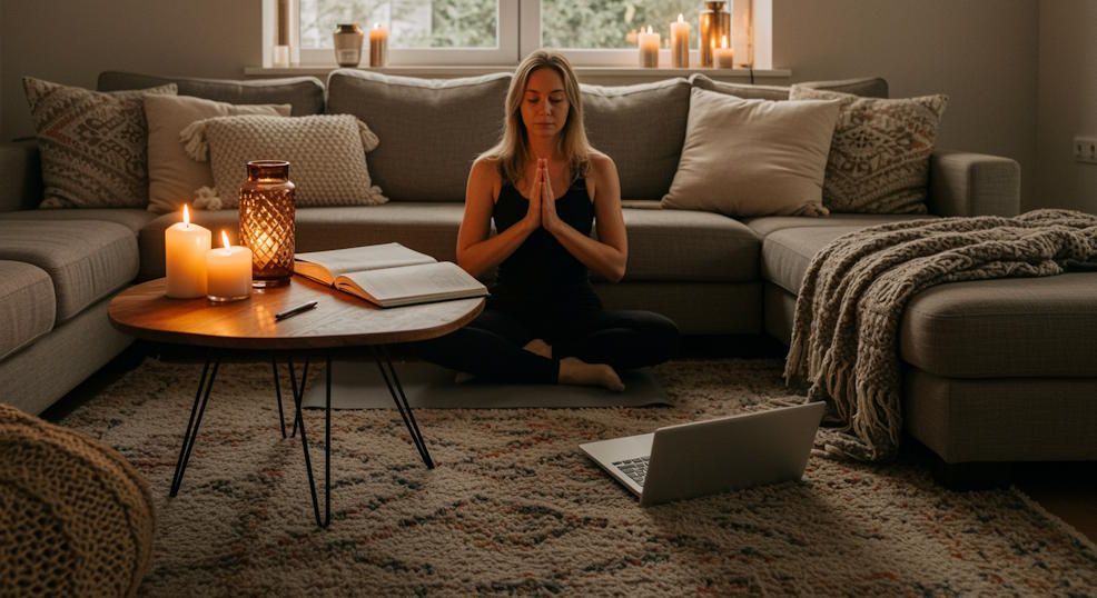OKC woman in her calm living room in a yoga pose with her journal and laptop on the coffee table