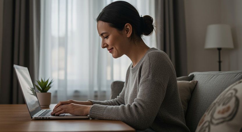 OKC woman on her laptop with a subtle smile after her remote hypnosis session feeling much better