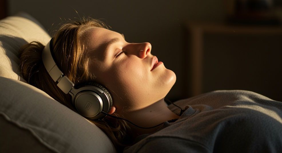 woman sitting on her couch in OKC during a remote hypnosis session