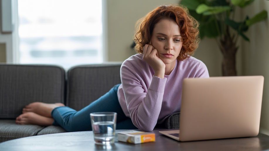 OKC woman resting on a couch during a remote hypnosis session on her laptop with a glass of water an