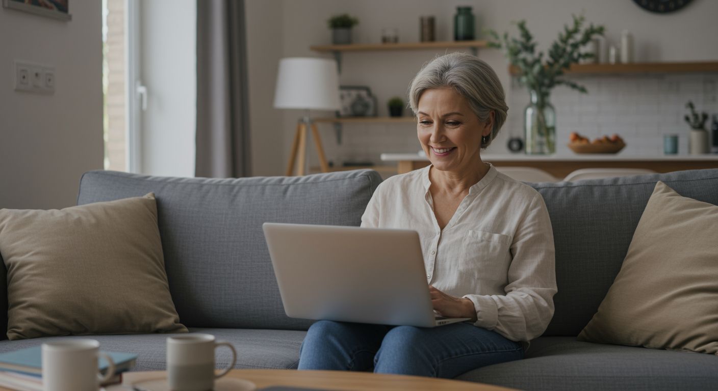 OKC woman sitting at home with her laptop open to a virtual hypnosis session