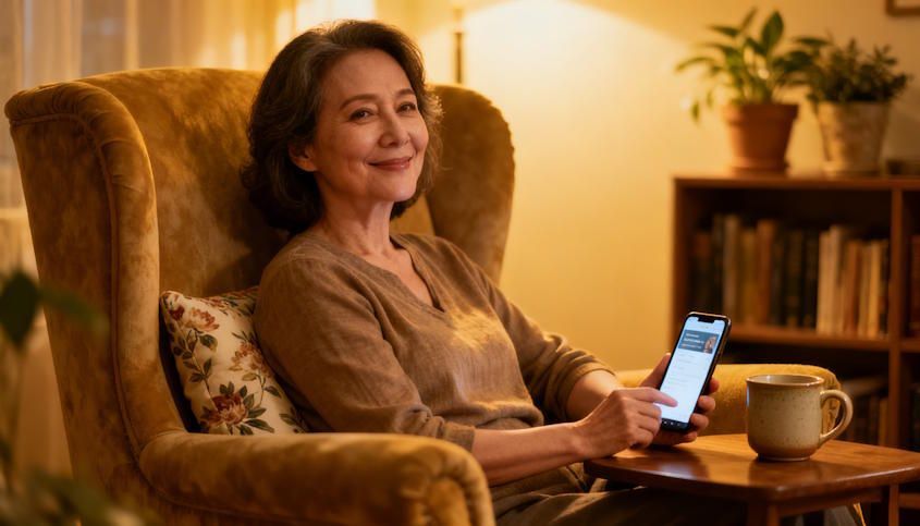 OKC woman smiling seated in her chair holding her smartphone relaxed at home