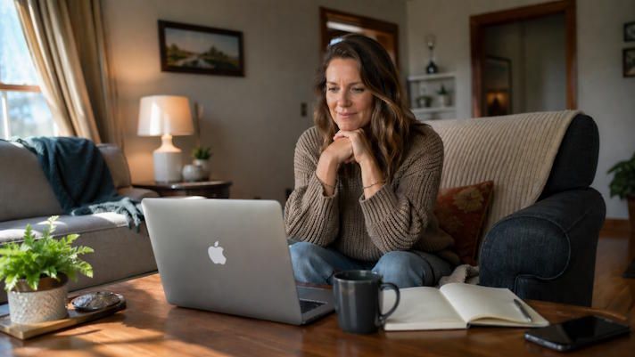 OKC woman talking with her hypnotherapist at Oklahoma City Elite Hypnosis on her apple computer