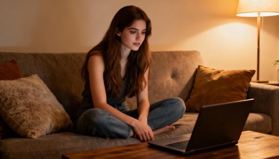 OKC woman with long brown hair sitting cross-legged on couch laptop open on coffee table