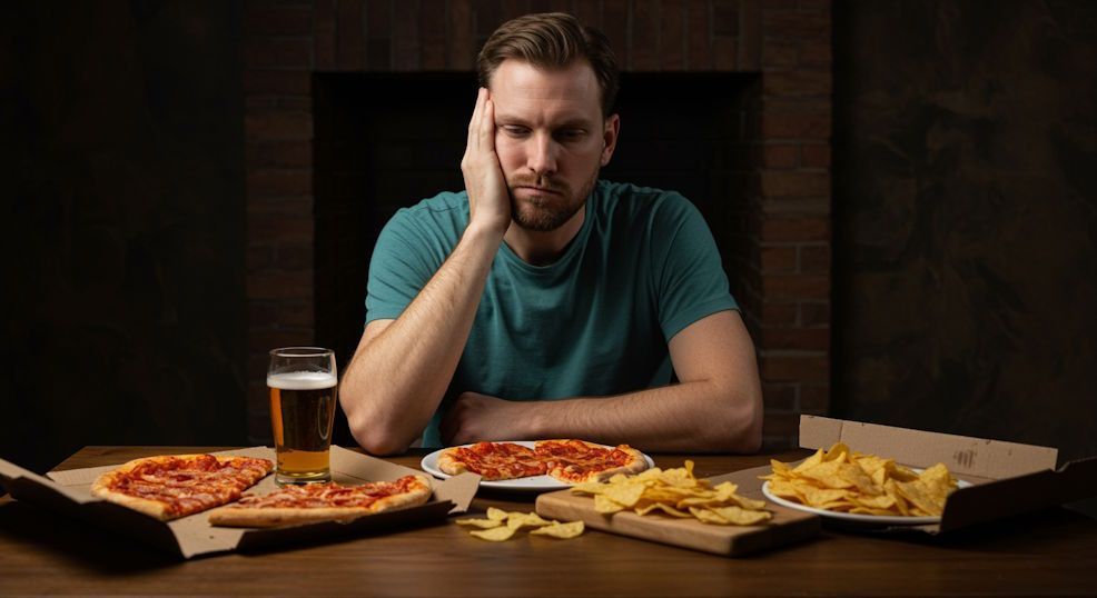 Oklahoma City Man pausing before stress eating a bunch of pizza beer and chips beside him