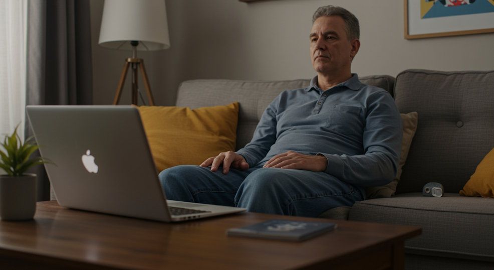 OKC man engaging in a remote hypnosis session at home relaxed posture laptop on coffee table