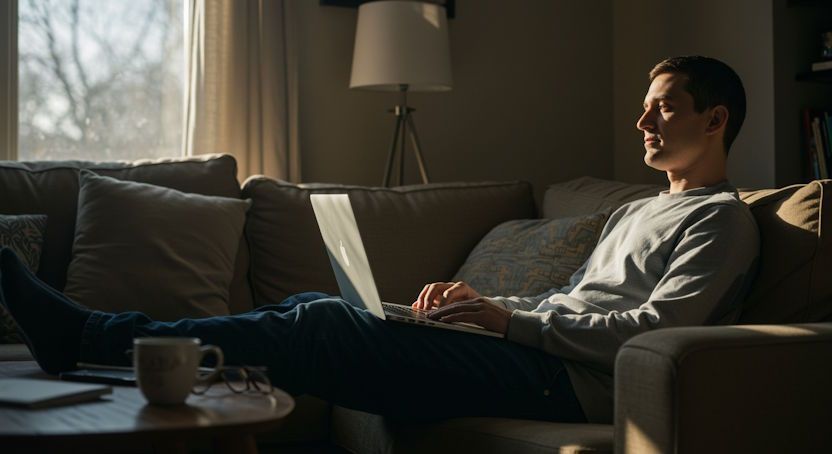 Oklahoma City man relaxed at home before his hypnosis session with his laptop open on coffee table