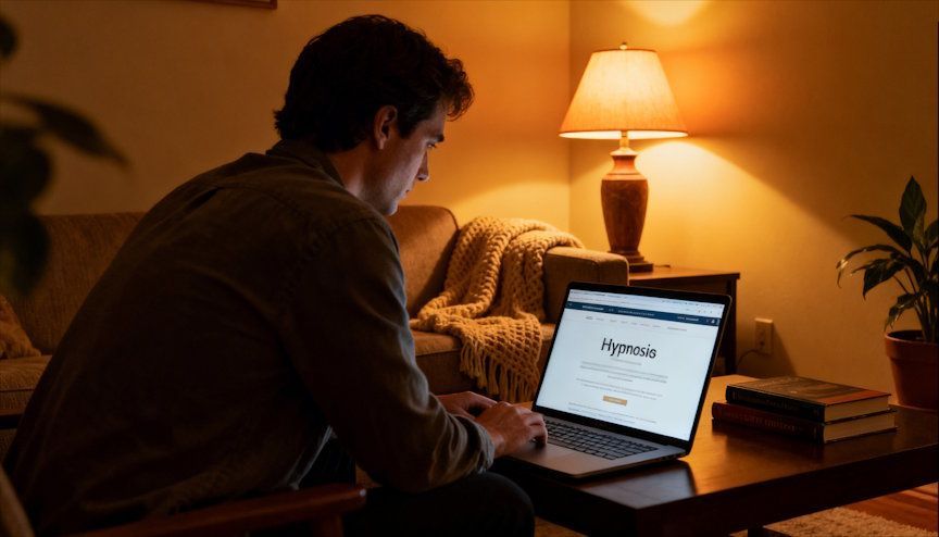 Oklahoma City man researching online hypnosis on his laptop in his living room