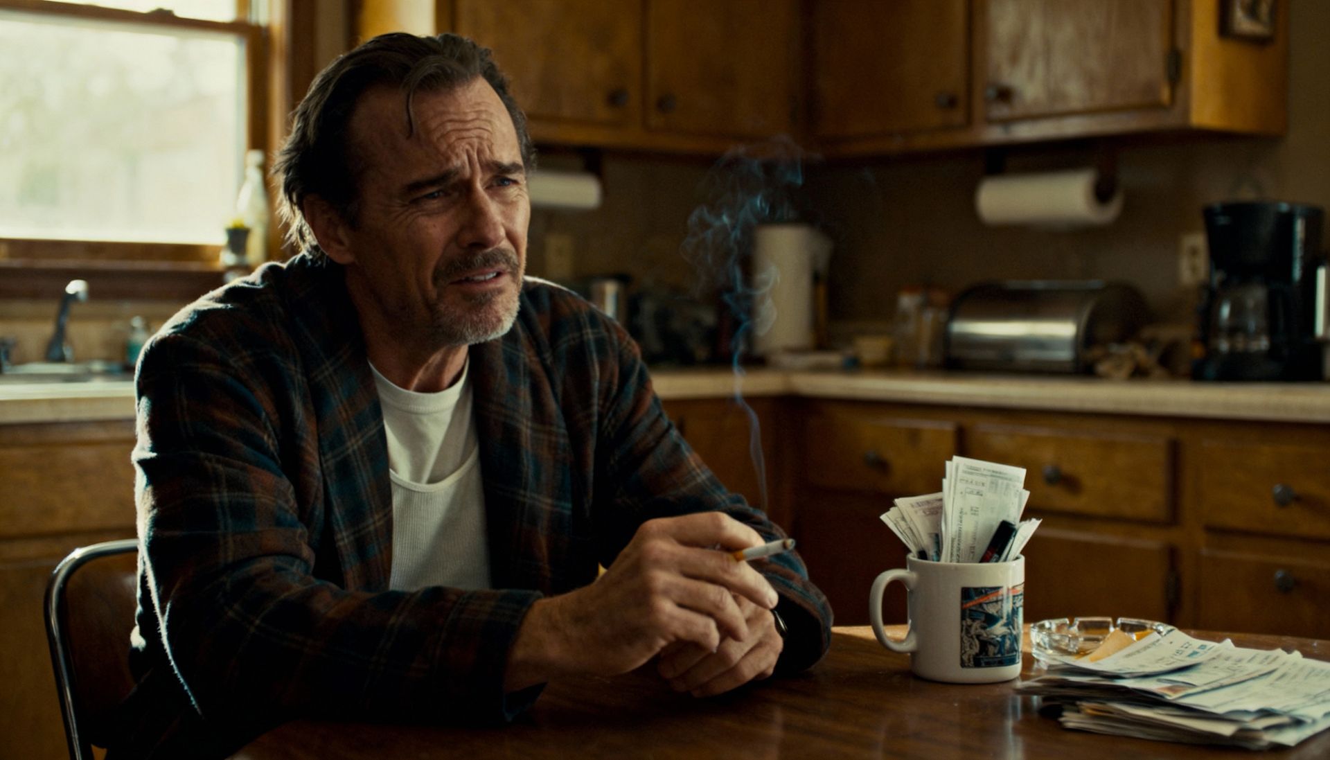 Oklahoma City man sitting at his kitchen table looking stressed with cigarette in hand