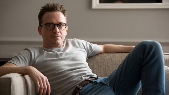 Oklahoma City man with short spikey hair and glasses sitting comfortably with a t shirt and jeans quietly after work on his couch