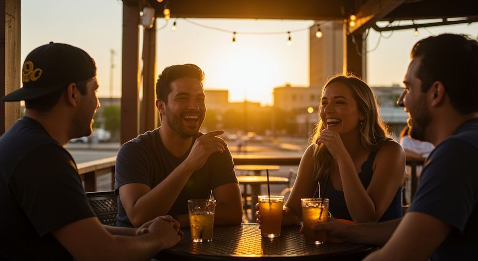 OKC outdoor bar patio at sunset diverse friends laughing, chilled drinks on table with no cigarettes