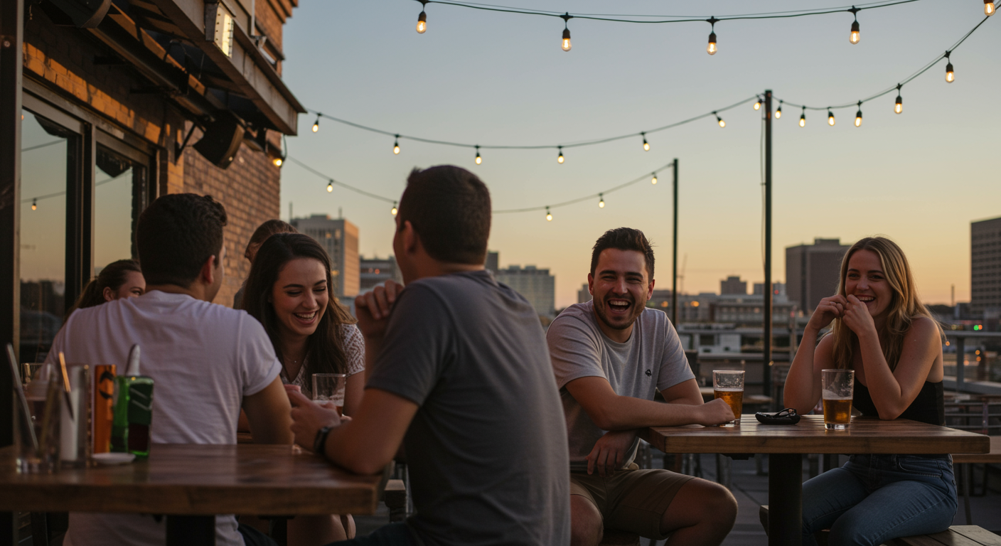 Oklahoma City patio bar scene at sunset, social group laughing without cigarettes