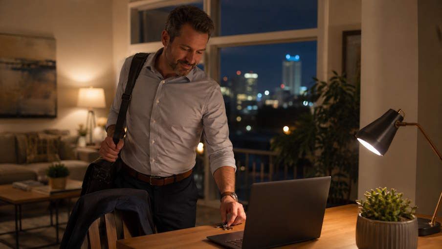 OKC man arriving home after a long commute and getting his laptop ready for remote hynosis session