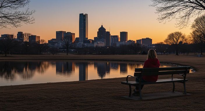 Oklahoma City skyline in soft dawn light woman quietly on bench watching sunrise calmly without stress