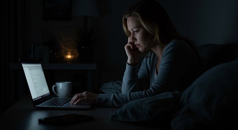 Oklahoma City woman at home late at night, emotionally drained but hopeful looking for a hypnotist to help her on her laptop