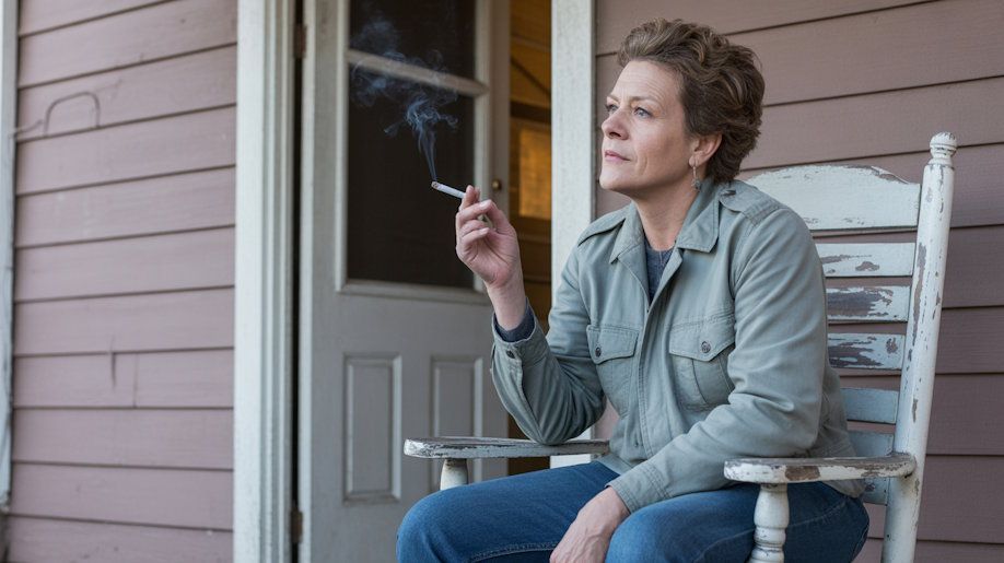 Oklahoma City woman sitting on her porch at sunrise holding a cigarette