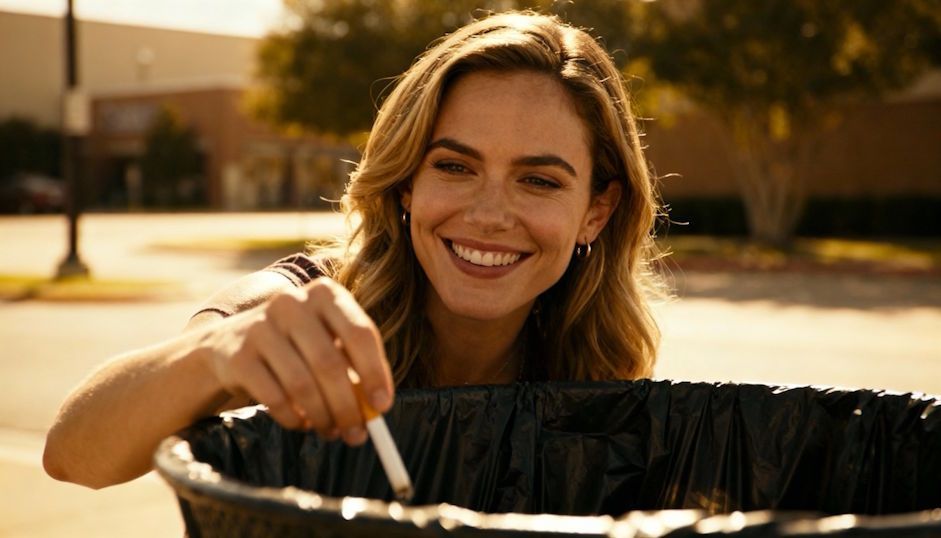Oklahoma City woman smiling as she tosses away her last cigarette into a trash can
