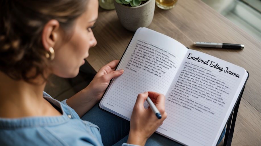Oklahoma City woman with her Emotional Eating Journal open as she documents her weight loss progress