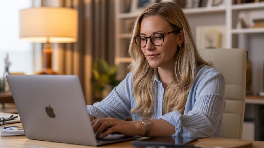 Oklahoma City woman with blonde hair and glasses focused on laptop screen during remote hypnosis