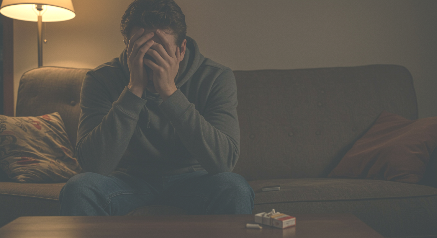 Oklahoma City man sitting on his couch with a half-empty cigarette pack nearby, head in hands