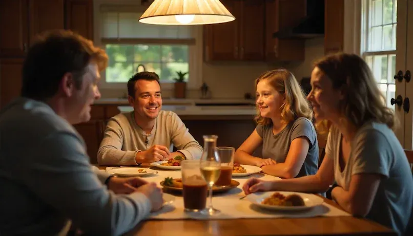 Parents and teenagers sitting at a dinner table in a cozy Oklahoma City home, calm and happy expressions, warm tones.