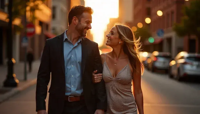 Couple smiling at each other as they walk together through Downtown OKC at dusk