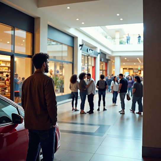 Person standing a distance away from group of people in the mall