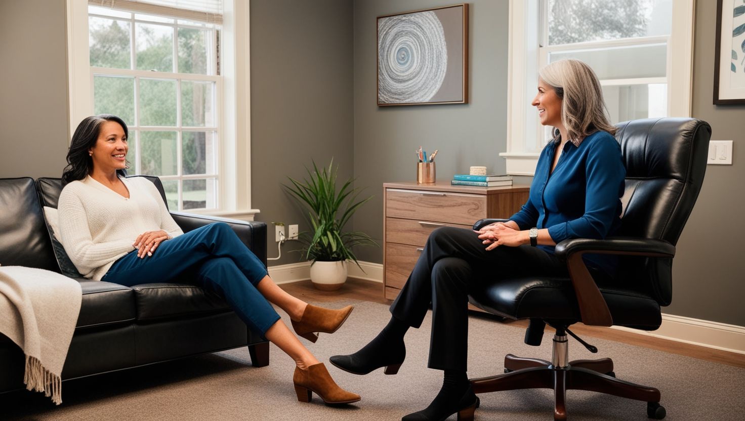 Woman sitting on a couch and talking with her therapist