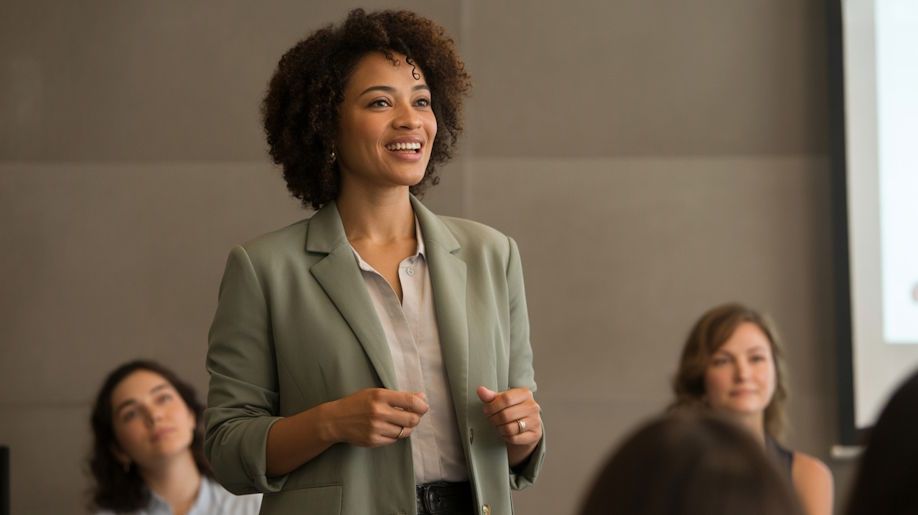 Professional woman standing at the front of a room smiling while giving her presentation confident look engaged expression