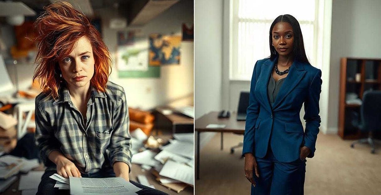 Scatterbrained woman on one side and self assured woman on the other side of the photo