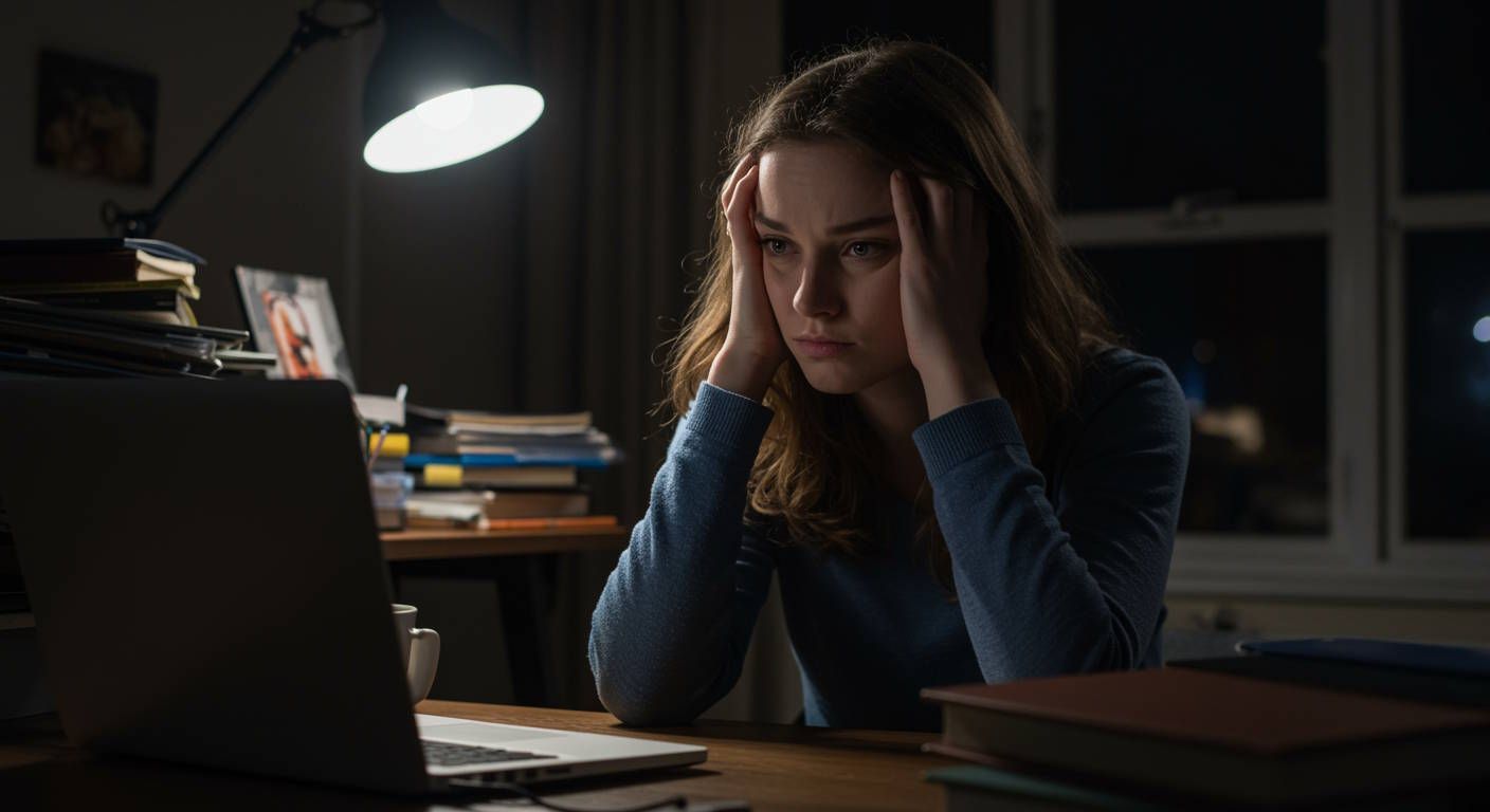 Stressed out woman in edmond sitting quietly at home at night with a tense expression on her face
