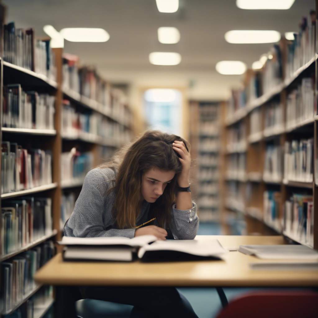 A woman is sitting at a table in a library reading a book dealing with a ton of stress