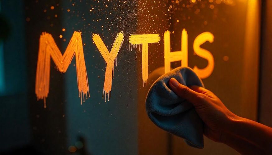 The word Myths being wiped away from a steamed up mirror