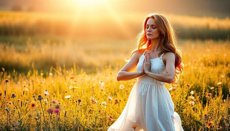 woman practicing mindfulness with the sun at her back in a beautiful golden field