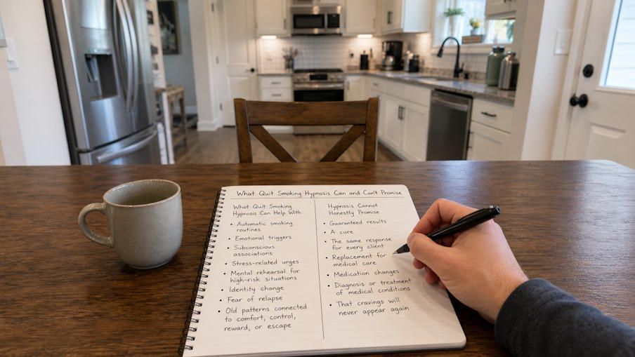 What Quit Smoking Hypnosis Can and Can't Do List on OKC mans kitchen table