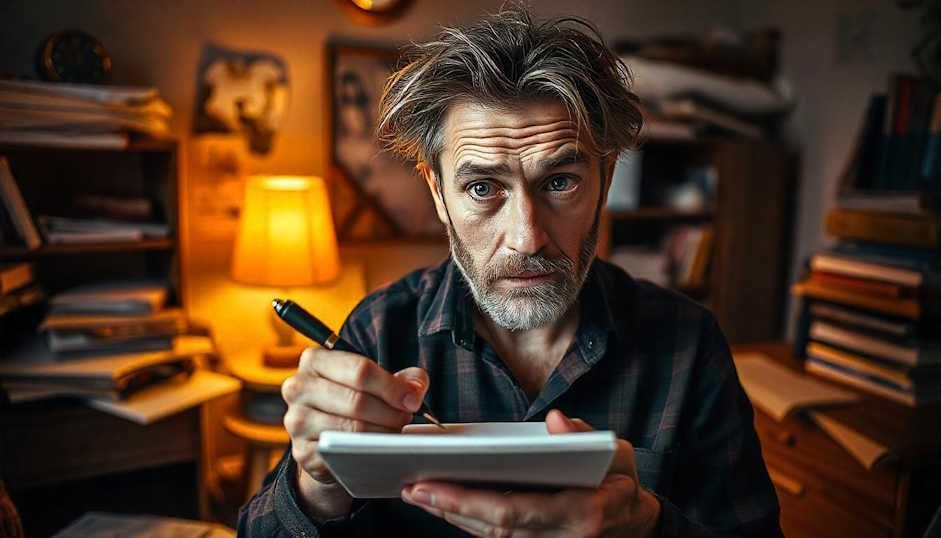 A man is standing alert with pen and paper ready to take diligent notes