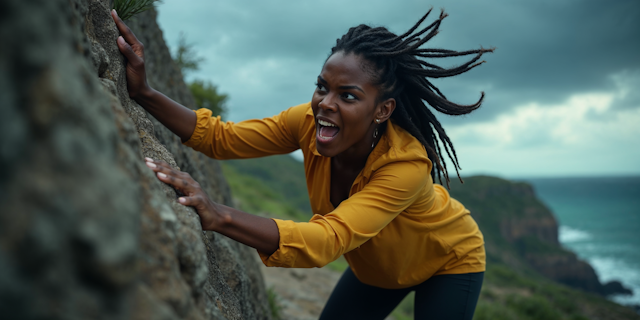woman grasping onto a the side of a cliff afraid of heights